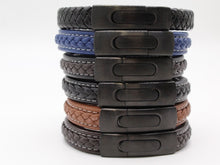 Load image into Gallery viewer, Men's Leather Bracelet/Wristband With Brushed Matt Black Spring Clasp