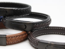 Load image into Gallery viewer, Men's Leather Bracelet/Wristband With Brushed Matt Black Spring Clasp