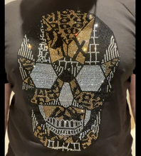 Load image into Gallery viewer, Sparkling Rhinestone Black & Gold Skeleton Head  Iron On Transfer