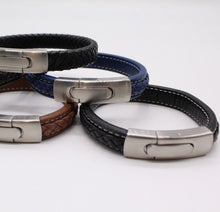 Load image into Gallery viewer, Men's Leather Bracelet/Wristband With Brushed Metal Spring Clasp