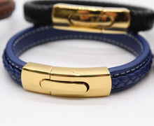 Load image into Gallery viewer, Men's Leather Bracelet/Wristband With Gold Coloured  Spring Clasp