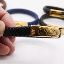 Load image into Gallery viewer, Men's Leather Bracelet/Wristband With Gold Coloured  Spring Clasp