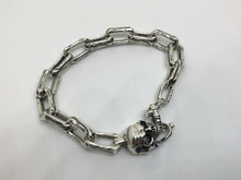 Load image into Gallery viewer, Mens 925 Sterling Silver Skull & Bones Gothic Biker T-BAR Bracelet Hallmarked