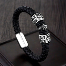 Load image into Gallery viewer, Skull & Fleur Black 8mm Braided Leather & Stainless Steel Bracelet