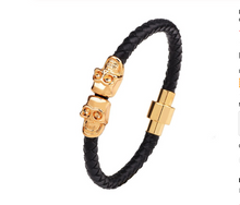Load image into Gallery viewer, Mens or Ladies Twin Skull Black or Gold Colour 6mm Braided Leather & Stainless Steel Bracelet