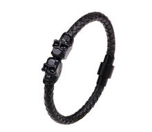 Load image into Gallery viewer, Mens or Ladies Twin Skull Black or Gold Colour 6mm Braided Leather & Stainless Steel Bracelet