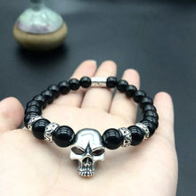 Load image into Gallery viewer, Skull Beaded Bracelet Bangle for Men Or Women With Obsidian & Silver Beads