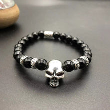 Load image into Gallery viewer, Skull Beaded Bracelet Bangle for Men Or Women With Obsidian & Silver Beads