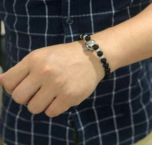 Load image into Gallery viewer, Skull Beaded Bracelet Bangle for Men Or Women With Obsidian & Silver Beads