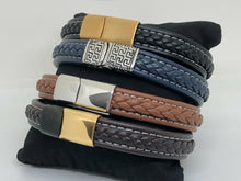 Load image into Gallery viewer, Mens Leather Wristband Bracelet Stainless Steel Clasp & White Stitching Detail