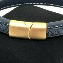 Load image into Gallery viewer, Mens Leather Wristband Bracelet Stainless Steel Clasp & White Stitching Detail