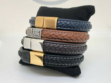 Load image into Gallery viewer, Mens Leather Wristband Bracelet Stainless Steel Clasp & White Stitching Detail