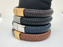 Load image into Gallery viewer, Mens Leather Wristband Bracelet Stainless Steel Clasp & White Stitching Detail