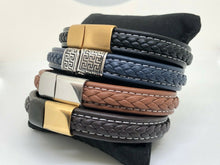 Load image into Gallery viewer, Mens Leather Wristband Bracelet Stainless Steel Clasp & White Stitching Detail
