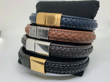 Load image into Gallery viewer, Mens Leather Wristband Bracelet Stainless Steel Clasp & White Stitching Detail