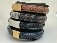 Load image into Gallery viewer, Mens Leather Wristband Bracelet Stainless Steel Clasp & White Stitching Detail