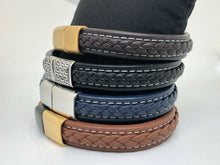 Load image into Gallery viewer, Mens Leather Wristband Bracelet Stainless Steel Clasp & White Stitching Detail