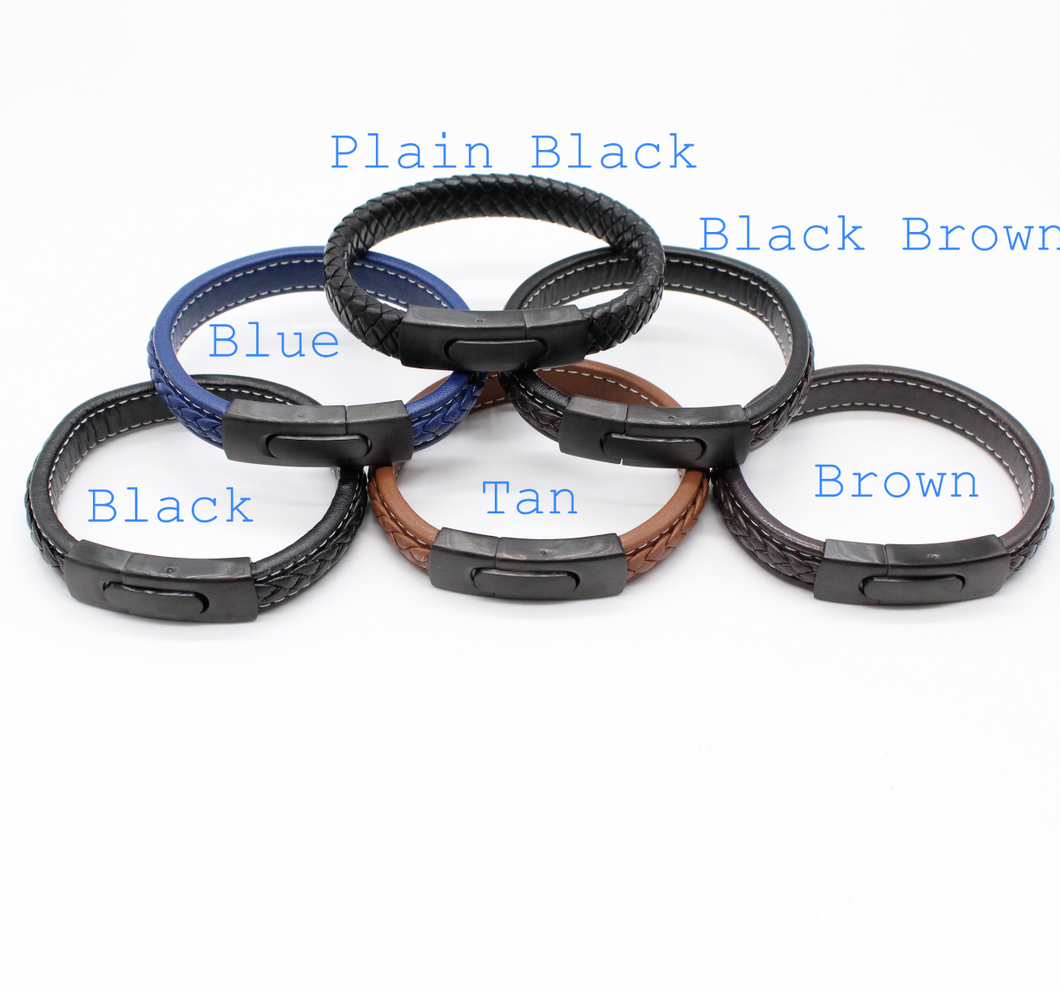 Men's Leather Bracelet/Wristband With Brushed Matt Black Spring Clasp