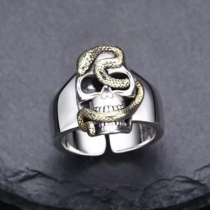 Hallmarked 925 Sterling Silver Mens Heavy Skull Snake Ring Adjustable Size