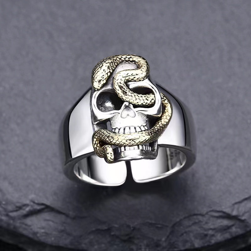 Hallmarked 925 Sterling Silver Mens Heavy Skull Snake Ring Adjustable Size