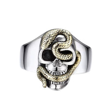 Load image into Gallery viewer, Hallmarked 925 Sterling Silver Mens Heavy Skull Snake Ring Adjustable Size