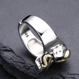 Hallmarked 925 Sterling Silver Mens Heavy Skull Snake Ring Adjustable Size