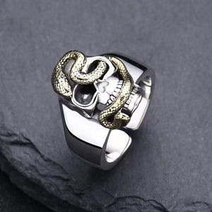 Hallmarked 925 Sterling Silver Mens Heavy Skull Snake Ring Adjustable Size