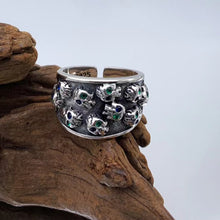 Load image into Gallery viewer, 925 Sterling Silver Heavy Green Eyed Skull Ring Adjustable Size