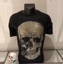 Load image into Gallery viewer, Black T-Shirt with Large Gold and Black  Rhinestone Skull