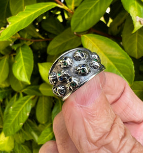 925 Sterling Silver Heavy Green Eyed Skull Ring Adjustable Size