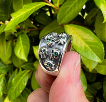 Load image into Gallery viewer, 925 Sterling Silver Heavy Green Eyed Skull Ring Adjustable Size