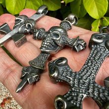 Load image into Gallery viewer, Heavy Oxidised Solid 925 Sterling Silver Skull Cross