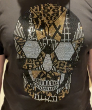 Load image into Gallery viewer, Sparkling Rhinestone Black &amp; Gold Skeleton Head  Iron On Transfer