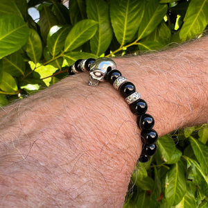 925 Sterling Silver Skull and Obsidian Beaded Bracelet