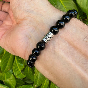 925 Sterling Silver Skull and Obsidian Beaded Bracelet