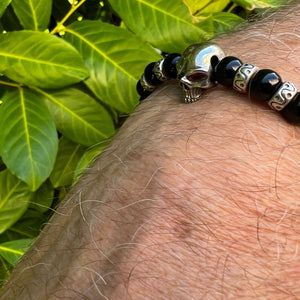 925 Sterling Silver Skull and Obsidian Beaded Bracelet