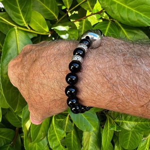 925 Sterling Silver Skull and Obsidian Beaded Bracelet