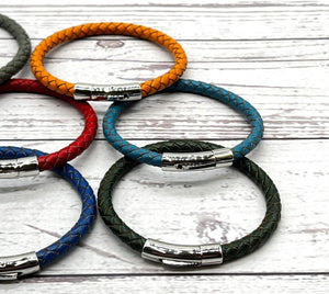 Men's Braided Leather Bracelet Wristband With Chrome Metal Button Clasp