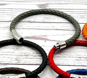 Men's Braided Leather Bracelet Wristband With Chrome Metal Button Clasp