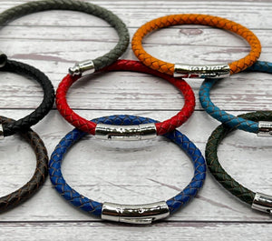 Men's Braided Leather Bracelet Wristband With Chrome Metal Button Clasp