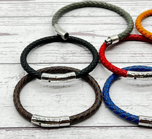 Men's Braided Leather Bracelet Wristband With Chrome Metal Button Clasp