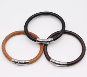 Men Cowhide Leather Bracelet Wristband With Chrome Metal Button Clasp