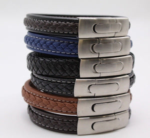 Men's Leather Bracelet/Wristband With Brushed Metal Spring Clasp