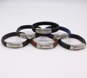 Men's Leather Bracelet/Wristband With Brushed Metal Spring Clasp