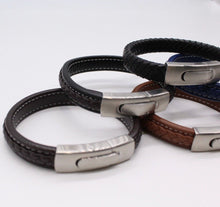 Load image into Gallery viewer, Men&#39;s Leather Bracelet/Wristband With Brushed Metal Spring Clasp