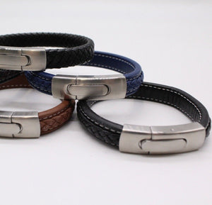 Men's Leather Bracelet/Wristband With Brushed Metal Spring Clasp