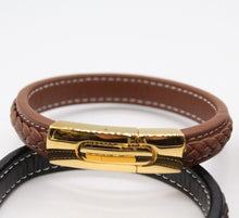 Load image into Gallery viewer, Men&#39;s Leather Bracelet/Wristband With Gold Coloured  Spring Clasp