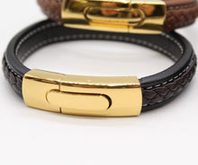 Load image into Gallery viewer, Men&#39;s Leather Bracelet/Wristband With Gold Coloured  Spring Clasp