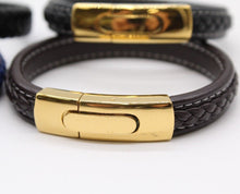 Load image into Gallery viewer, Men&#39;s Leather Bracelet/Wristband With Gold Coloured  Spring Clasp