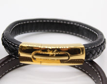 Load image into Gallery viewer, Men&#39;s Leather Bracelet/Wristband With Gold Coloured  Spring Clasp